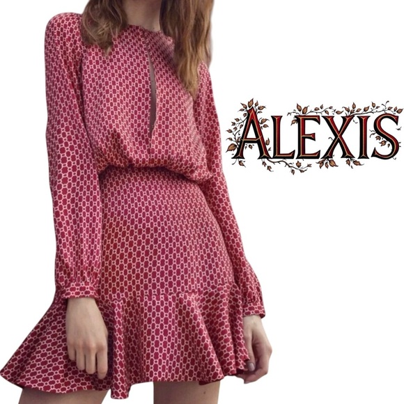 Alexis red and white silk sateen long sleeve mini dress size XS - Picture 1 of 10